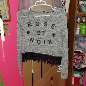 heather Grey & black detail lace bottom long sleeve crop top